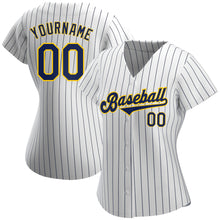 Load image into Gallery viewer, Custom White Navy Strip Navy-Gold Authentic Baseball Jersey
