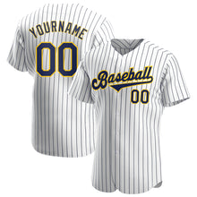Load image into Gallery viewer, Custom White Navy Strip Navy-Gold Authentic Baseball Jersey