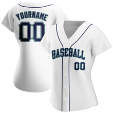 Load image into Gallery viewer, Custom White Navy-Aqua Authentic Baseball Jersey