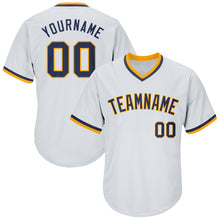 Load image into Gallery viewer, Custom White Navy-Gold Authentic Throwback Rib-Knit Baseball Jersey Shirt