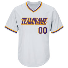 Load image into Gallery viewer, Custom White Purple-Gold Authentic Throwback Rib-Knit Baseball Jersey Shirt