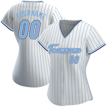 Load image into Gallery viewer, Custom White Light Blue Strip Light Blue-Navy Authentic Baseball Jersey