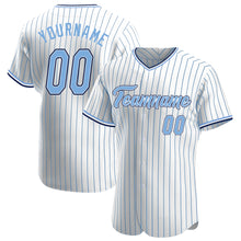 Load image into Gallery viewer, Custom White Light Blue Strip Light Blue-Navy Authentic Baseball Jersey