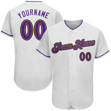 Load image into Gallery viewer, Custom White Purple-Old Gold Authentic Baseball Jersey
