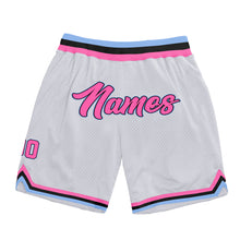 Load image into Gallery viewer, Custom White Pink-Light Blue Authentic Throwback Basketball Shorts