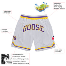 Load image into Gallery viewer, Custom White Purple-Gold Authentic Throwback Basketball Shorts