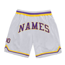 Load image into Gallery viewer, Custom White Purple-Gold Authentic Throwback Basketball Shorts