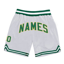 Load image into Gallery viewer, Custom White Kelly Green-Gold Authentic Throwback Basketball Shorts