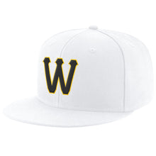 Load image into Gallery viewer, Custom White Black-Gold Stitched Adjustable Snapback Hat