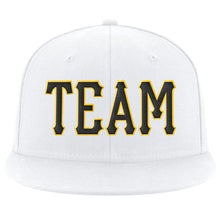 Load image into Gallery viewer, Custom White Black-Gold Stitched Adjustable Snapback Hat