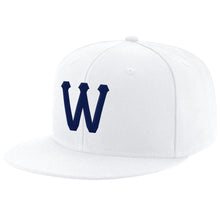 Load image into Gallery viewer, Custom White Navy Stitched Adjustable Snapback Hat