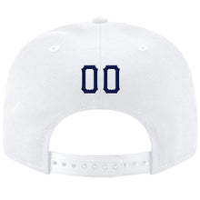 Load image into Gallery viewer, Custom White Navy Stitched Adjustable Snapback Hat