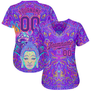 Custom 3D Pattern Design Sitting Buddha Over Colorful Neon Background Psychedelic Mushroom Composition Authentic Baseball Jersey
