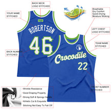 Load image into Gallery viewer, Custom Blue White-Neon Green Authentic Throwback Basketball Jersey
