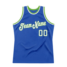 Load image into Gallery viewer, Custom Blue White-Neon Green Authentic Throwback Basketball Jersey
