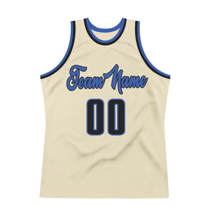 Custom Cream Black-Blue Authentic Throwback Basketball Jersey