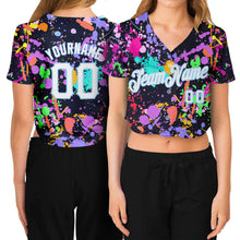 Load image into Gallery viewer, Custom Women&#39;s Graffiti Pattern White-Light Blue Splashes 3D V-Neck Cropped Baseball Jersey
