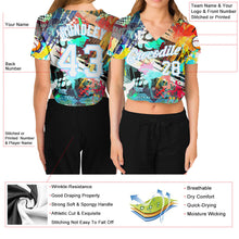 Load image into Gallery viewer, Custom Women&#39;s Graffiti Pattern White-Light Blue Colored Abstract 3D V-Neck Cropped Baseball Jersey
