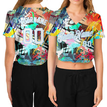 Load image into Gallery viewer, Custom Women&#39;s Graffiti Pattern White-Light Blue Colored Abstract 3D V-Neck Cropped Baseball Jersey
