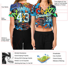 Load image into Gallery viewer, Custom Women&#39;s Graffiti Pattern White-Aqua Geometric 3D V-Neck Cropped Baseball Jersey
