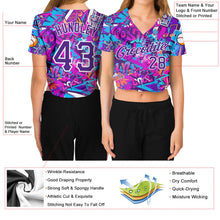 Load image into Gallery viewer, Custom Women&#39;s Graffiti Pattern Purple-White Words 3D V-Neck Cropped Baseball Jersey

