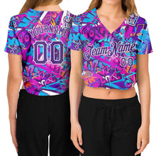 Load image into Gallery viewer, Custom Women&#39;s Graffiti Pattern Purple-White Words 3D V-Neck Cropped Baseball Jersey
