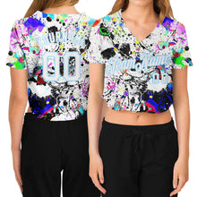 Load image into Gallery viewer, Custom Women&#39;s Graffiti Pattern White-Light Blue Splashes 3D V-Neck Cropped Baseball Jersey
