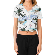 Load image into Gallery viewer, Custom Women&#39;s White White-Light Blue Hawaii Palm Trees 3D V-Neck Cropped Baseball Jersey
