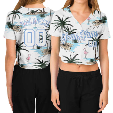 Custom Women's White White-Light Blue Hawaii Palm Trees 3D V-Neck Cropped Baseball Jersey