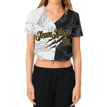 Load image into Gallery viewer, Custom Women&#39;s Graffiti Pattern Black-Old Gold Scratch 3D V-Neck Cropped Baseball Jersey
