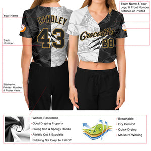 Custom Women's Graffiti Pattern Black-Old Gold Scratch 3D V-Neck Cropped Baseball Jersey