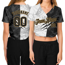 Load image into Gallery viewer, Custom Women&#39;s Graffiti Pattern Black-Old Gold Scratch 3D V-Neck Cropped Baseball Jersey
