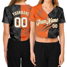 Load image into Gallery viewer, Custom Women&#39;s Graffiti Pattern White-Old Gold Scratch 3D V-Neck Cropped Baseball Jersey
