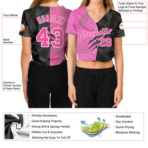 Custom Women's Graffiti Pattern Pink-White Scratch 3D V-Neck Cropped Baseball Jersey