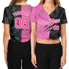 Load image into Gallery viewer, Custom Women&#39;s Graffiti Pattern Pink-White Scratch 3D V-Neck Cropped Baseball Jersey
