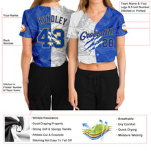 Load image into Gallery viewer, Custom Women&#39;s Graffiti Pattern Royal-Old Gold Scratch 3D V-Neck Cropped Baseball Jersey
