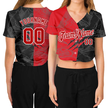 Custom Women's Graffiti Pattern Red-White Scratch 3D V-Neck Cropped Baseball Jersey