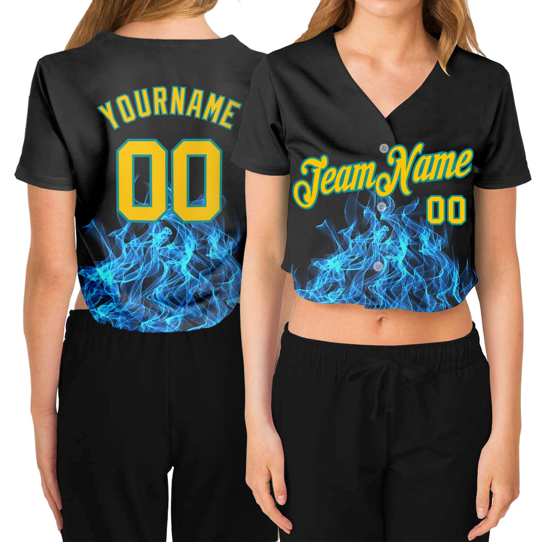 Custom Women's Black Gold-Aqua Flame 3D V-Neck Cropped Baseball Jersey