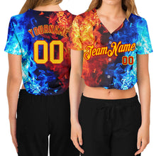 Load image into Gallery viewer, Custom Women&#39;s Red Gold Royal-Light Blue Flame 3D V-Neck Cropped Baseball Jersey
