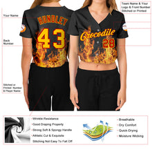 Load image into Gallery viewer, Custom Women&#39;s Black Gold-Red Flame 3D V-Neck Cropped Baseball Jersey
