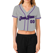 Load image into Gallery viewer, Custom Women&#39;s Gray Purple-Black V-Neck Cropped Baseball Jersey
