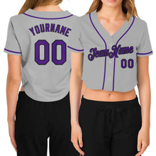 Load image into Gallery viewer, Custom Women&#39;s Gray Purple-Black V-Neck Cropped Baseball Jersey
