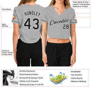 Custom Women's Gray Black-White V-Neck Cropped Baseball Jersey