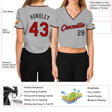 Load image into Gallery viewer, Custom Women&#39;s Gray Red-Black V-Neck Cropped Baseball Jersey
