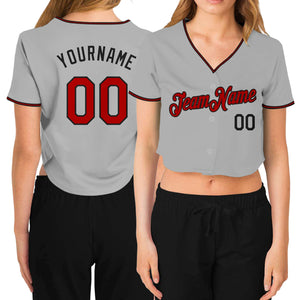 Custom Women's Gray Red-Black V-Neck Cropped Baseball Jersey