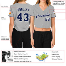 Load image into Gallery viewer, Custom Women&#39;s Gray Navy-White V-Neck Cropped Baseball Jersey
