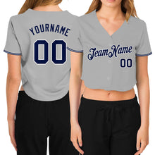 Load image into Gallery viewer, Custom Women&#39;s Gray Navy-White V-Neck Cropped Baseball Jersey
