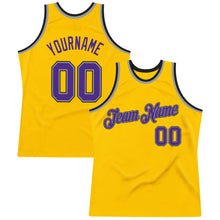 Load image into Gallery viewer, Custom Gold Purple-Silver Gray Authentic Throwback Basketball Jersey
