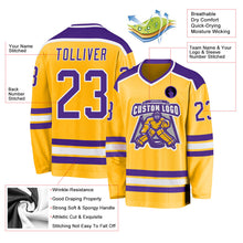 Load image into Gallery viewer, Custom Gold Purple-White Hockey Jersey
