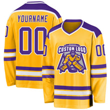 Load image into Gallery viewer, Custom Gold Purple-White Hockey Jersey
